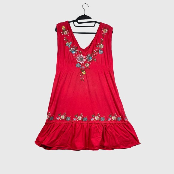 Jw Los Angeles Dresses & Skirts - JW Los Angeles Dress Women M Red Floral Embroidered Boho Peasant V-Neck Mini